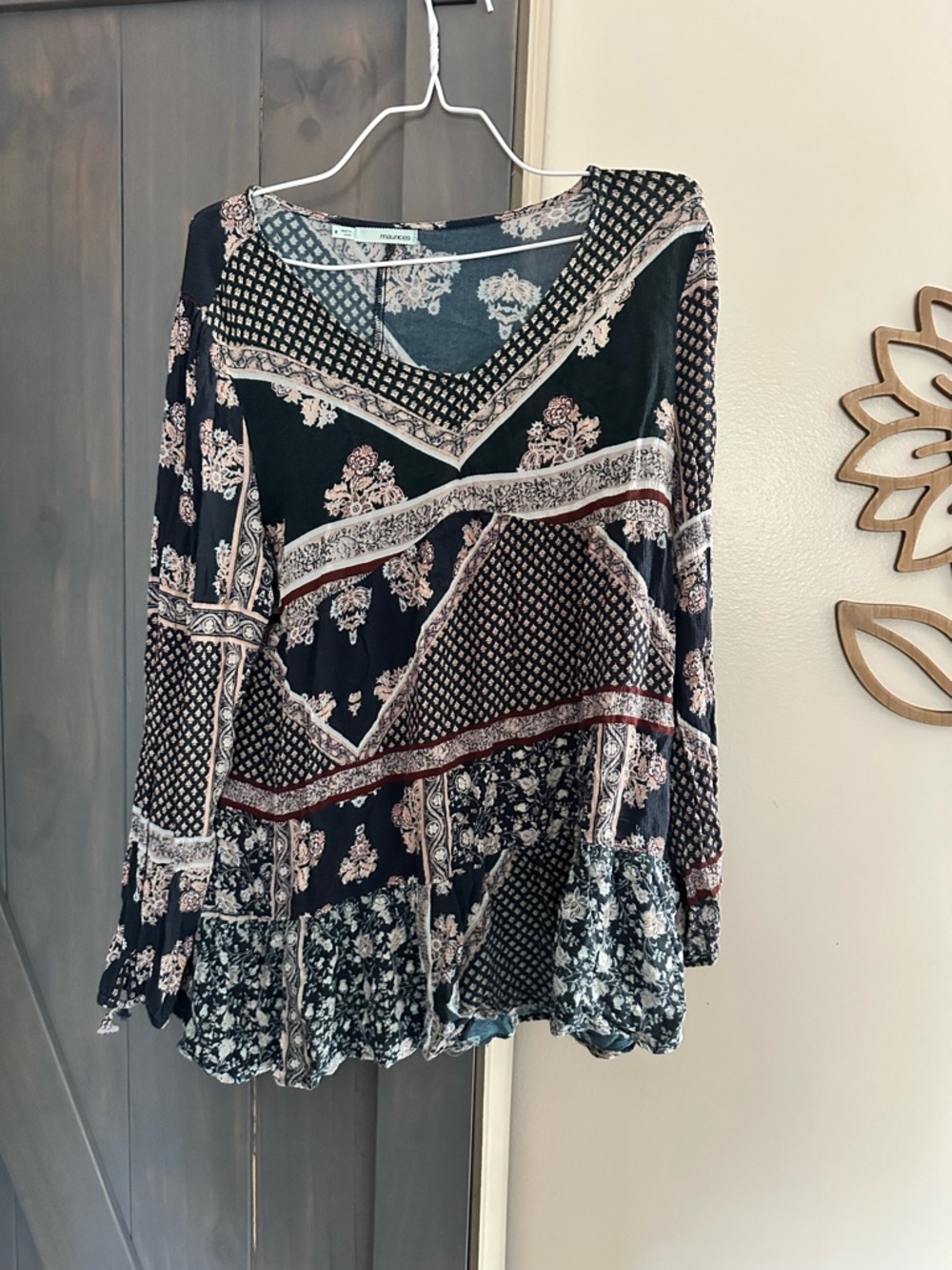 Maurices Black Floral & Blush Mixed-Print Long Sleeve Blouse